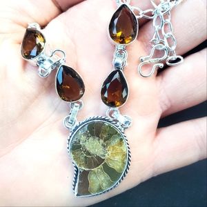 New Ammonite Fossil and Smoky Topaz 925 Silver Necklace.